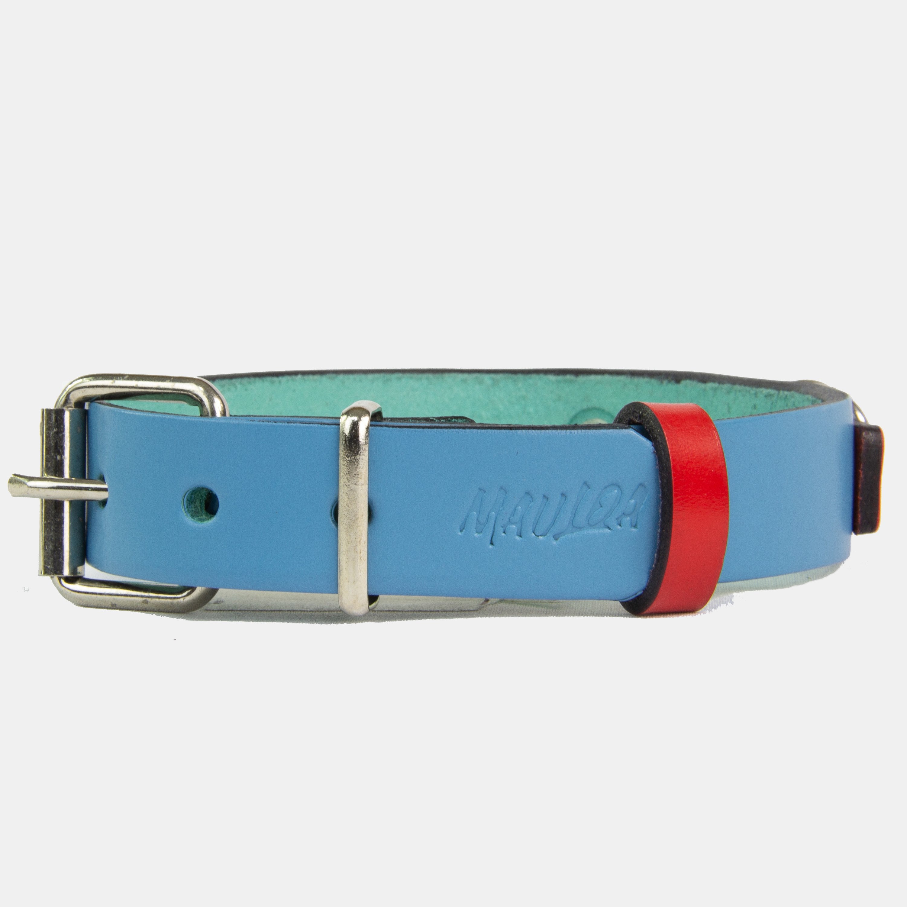 Collar para perros Mauloa, hecho en cuero, modelo Duke, color Celeste con Rojo